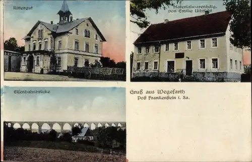 Ak Wegefarth Oberschöna in Sachsen, Rittergut, Geschäft Emilie Ulbricht, Eisenbahnbrücke