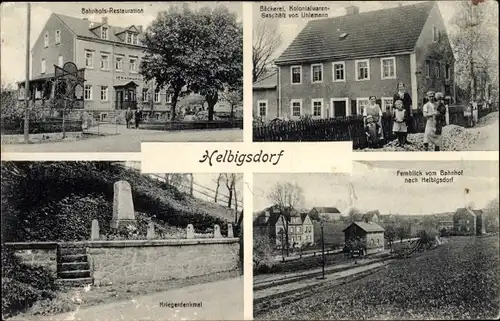 Ak Helbigsdorf Wilsdruff Sachsen, Bäckerei, Kolonialwarenhandlung v. Uhlemann, Kriegerdenkmal