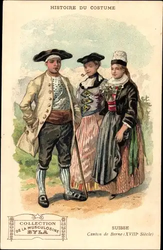Litho Kanton Bern Schweiz, History of the Costume, Trachten, Reklame Musculosine Byla
