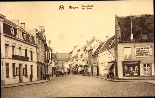 Ak Ninove Ostflandern, Rue Bever, Merceries, Bonneteries