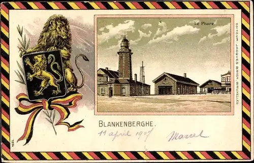 Wappen Litho Blankenberghe Westflandern, Le Phare, Löwe, Leuchtturm
