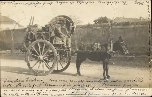 Foto Ak Italien, Fuhrwerk mit Fässern beladen