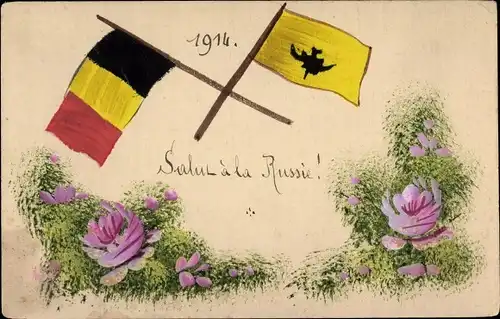 Handgemalt Ak Salut a la Russie 1914, Flaggen, I. WK