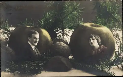 Ak Glückwunsch Neujahr, Gelukkig Nieuwjaar, Äpfel, Portrait eines Paares