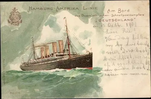 Künstler Litho Doppelschrauben Schnellpostdampfer Deutschland, Hamburg Amerika Linie