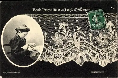 Ak Ecole Dentelliere de Point d'Alencon, Klöpplerin, Klöppelwerk, Tracht