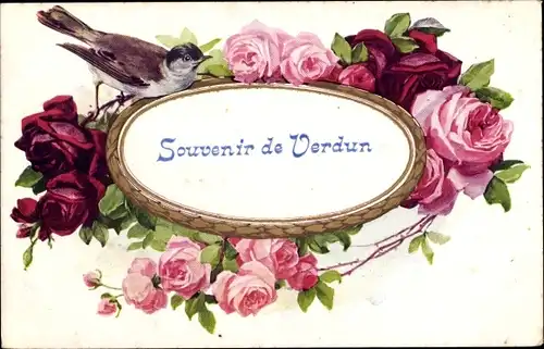 Ak Verdun Lothringen Meuse, Souvenir, Rosen, Vogel