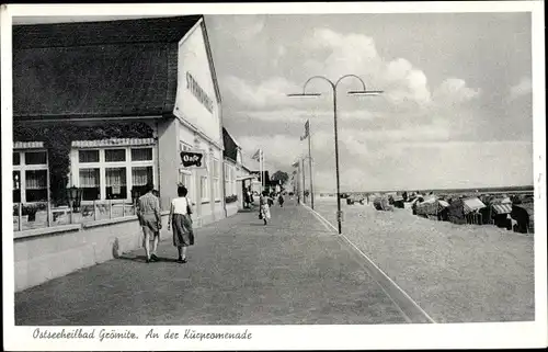 Ak Grömitz Ostsee, Partie an der Kurpromenade, Cafe, Strandkörbe