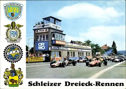 Ak Schleiz in Thüringen, Schleizer Dreieck Rennen, ADMV, FIA, FIM, Formel C9 Wagen, Wappen