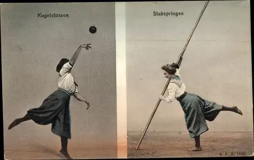 Ak Frauenturnen in Bild und Wort, Kugelstoßen, Stabspringen