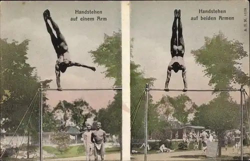 Ak Turner am Reck, Handstehen auf einem und beiden Armen