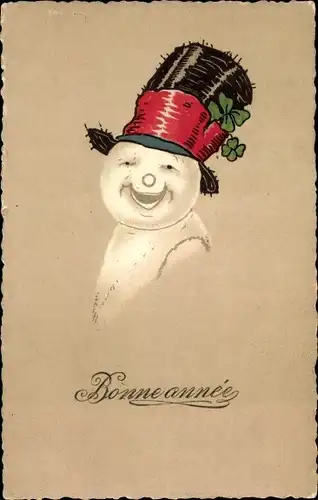 Ak Glückwunsch Neujahr, Schneemann, Hut, Glücksklee