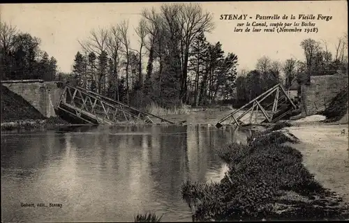 Ak Stenay Lothringen Meuse, Passerelle de la Vieille Forge sur le Canal, Kriegszerstörungen, I WK