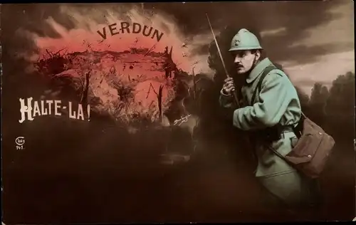 Ak Verdun Lothringen Meuse, Halte La, französischer Soldat