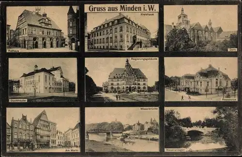 Ak Minden in Westfalen, Rathaus, Kreishaus, Dom, Regierungsgebäude, Stadttheater, Markt, Weserbrücke