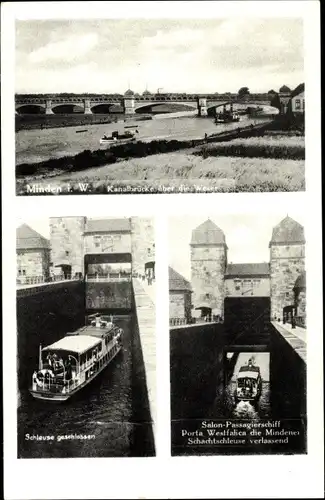 Ak Minden in Westfalen, Kanalbrücke, Salon Passagierschiff Porta Westfalica, Schachtschleuse