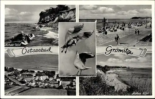 Foto Ostseebad Grömitz in Holstein, Hohes Ufer, Möwen, Promenade, Strand, Fliegeraufnahme