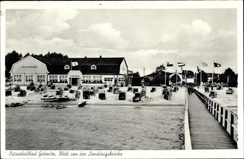 Ak Ostseebad Grömitz in Holstein, Blick von der Landungsbrücke, Strandhalle