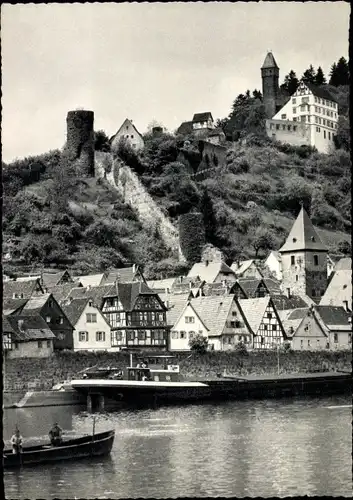 Ak Hirschhorn am Neckar Hessen, Teilansicht der Stadt, Burg, Kirche, Fachwerkhäuser, Boot