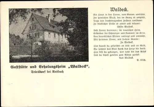 Ak Triesdorf Weidenbach in Mittelfrankentstätte u. Erholungsheim Waldeck, Gedicht von Ulsch