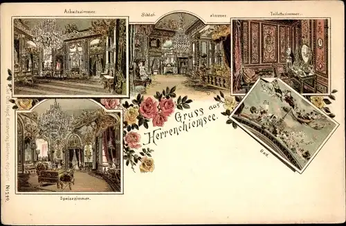 Litho Herrenchiemsee Chiemsee Oberbayern, Kgl. Lustschloss, Zimmeransichten, Bad