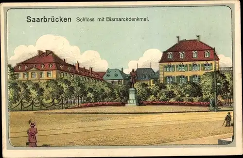 Künstler Ak Saarbrücken im Saarland, Schloss, Bismarckdenkmal