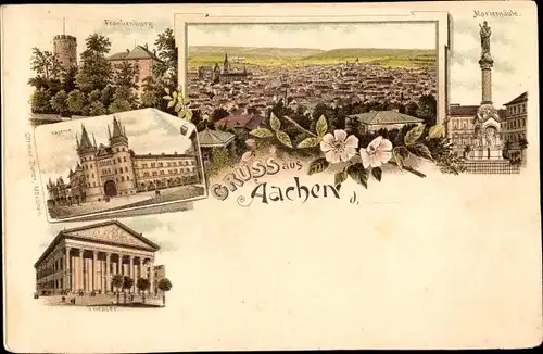 Litho Aachen in Nordrhein Westfalen, Totale, Frankenburg, Theater, Mariensäule, Kaserne