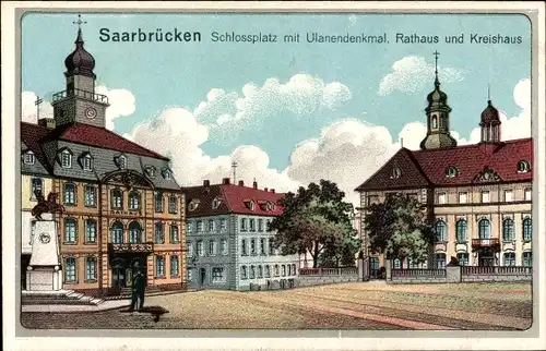 Ak Saarbrücken im Saarland, Schlossplatz mit Ulanendenkmal, Rathaus und Kreishaus