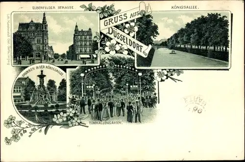 Litho Düsseldorf am Rhein, Königsalllee, Elberfelder Straße, Brunnen, Tonhalleneingang