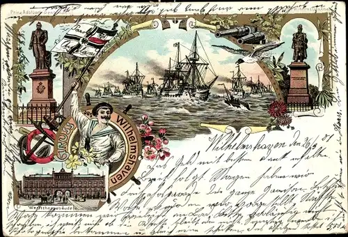 Litho Wilhelmshaven in Niedersachsen, Segelschiffe, Denkmäler, Seemann, Werfttorgebäude