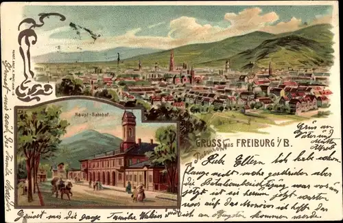 Litho Freiburg im Breisgau, Gesamtansicht, Hauptbahnhof