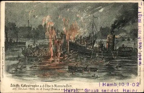 Litho Hamburg Altona Nienstedten, Schiffskatastrophe 1902, Dampf Primus u. d. Schlepp. Hansa