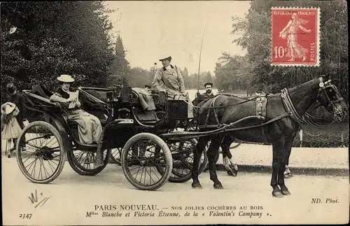 Ak Paris Nouveau, Les femmes cocher, Blanche et Victoria Etienne, Valentin's Company