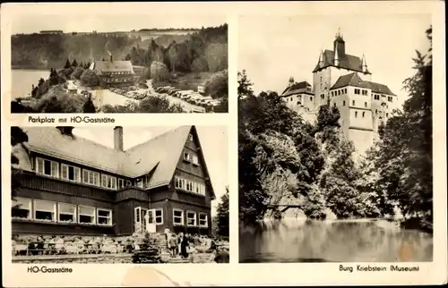 Ak Kriebstein Sachsen, Parkplatz mit HO Gaststätte, Blick auf die Burg