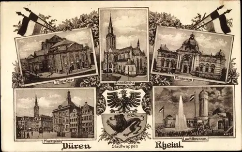 Wappen Ak Düren Rheinland, Theater, Marktplatz, Museum, Leuchtbrunnen, Annakirche