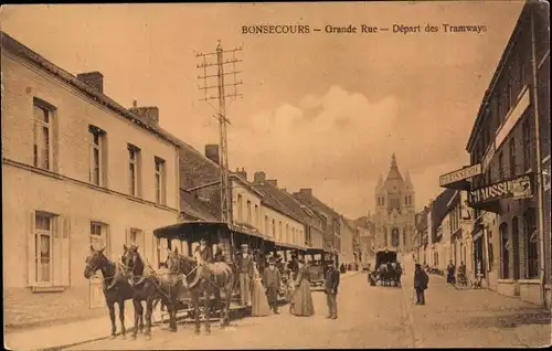 Ak Bon Secours Bonsecours Péruwelz Hennegau, Grand Rue, Depart des Tramways