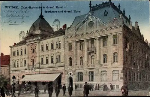 Ak Novi Sad Újvidék Neusatz Serbien, Takarekpenztar es Grand Hotel, Sparkasse