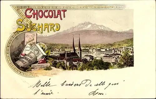 Litho Lucerne Luzern Stadt Schweiz, Chocolat Suchard, Gesamtansicht