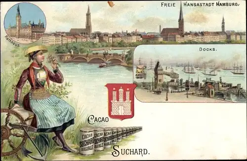 Litho Hansestadt Hamburg, Panorama, Rathaus, Docks, Frau in Tracht, Cacao Suchard