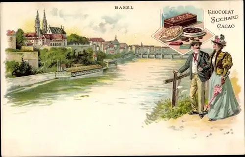 Litho Bâle Basel Stadt Schweiz, Stadtpanorama, Spaziergänger, Reklame Chocolat Suchard Cacao