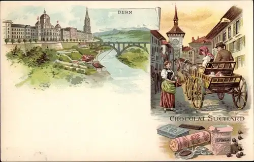 Litho Bern Stadt Schweiz, Teilansicht, Kutsche, Chocolat Suchard