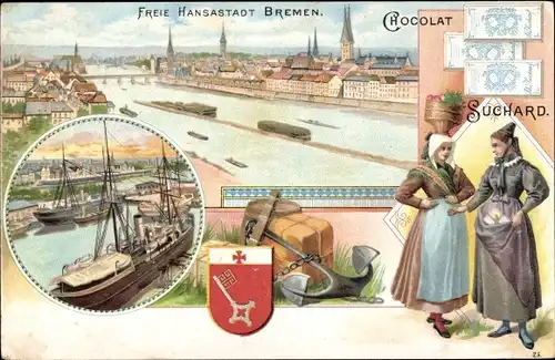 Litho Hansestadt Bremen, Stadtpanorama, Hafen, Chocolat Suchard, Frauen in Tracht