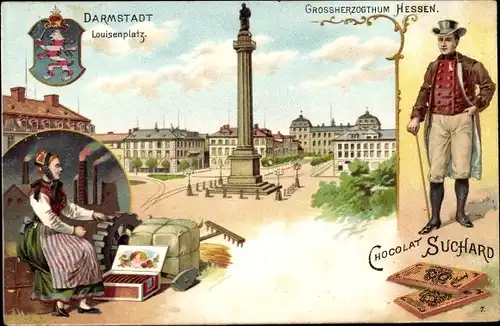 Litho Darmstadt in Hessen, Louisenplatz, Frau in Tracht, Chocolat Suchard