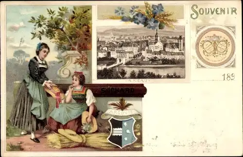 Wappen Litho Aarau Kanton Aargau, Reklame, Chocolat Suchard, Frauen in Trachten, Stadtansicht