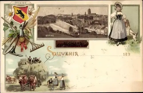 Litho Bern Stadt Schweiz, Stadtpanorama, Frau in Tracht, Heuwagen, Feldarbeiter, Suchard