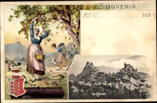 Litho Sion Sitten Kanton Wallis, Gesamtansicht, Apfelernte, Suchard