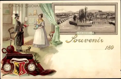 Litho Genève Genf Stadt, Reklame, Cacao Suchard, Stadtansicht, Taschenuhren