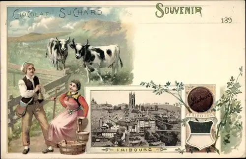 Litho Fribourg Freiburg Stadt Schweiz, Chocolat Suchard, Trachten, Wappen