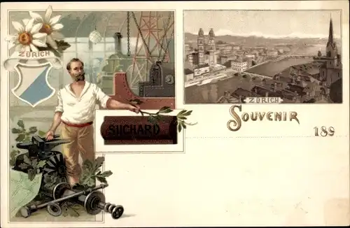 Litho Zürich Stadt Schweiz, Schmied, Chocolat Suchard Reklame