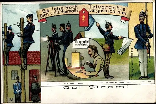 Ak Es lebe hoch die Telegraphie, Gut Strom, Telegraphisten des deutschen Heeres